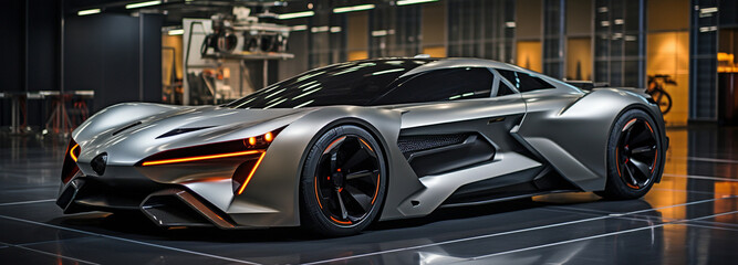 Modern Garage Displays a Futuristic Electric Sports Car.