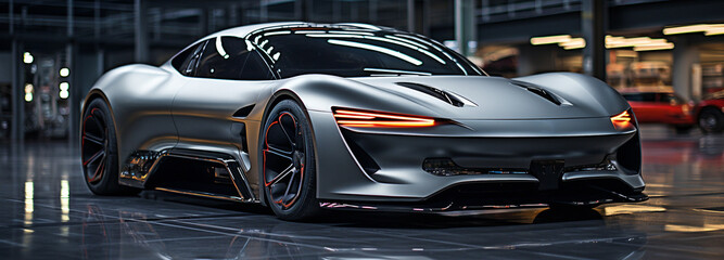 Modern Garage Displays a Futuristic Electric Sports Car.