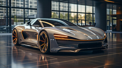 Modern Garage Displays a Futuristic Electric Sports Car.