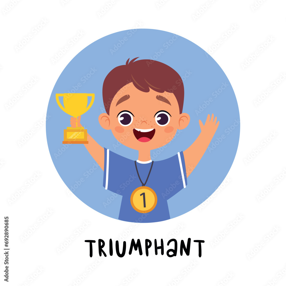 Poster kid emotion with triumphant boy character in round shape show face expression vector illustration
