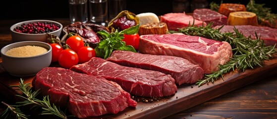 A range of uncooked meat portions, dry-aged beef steaks, and hamburger patties .
