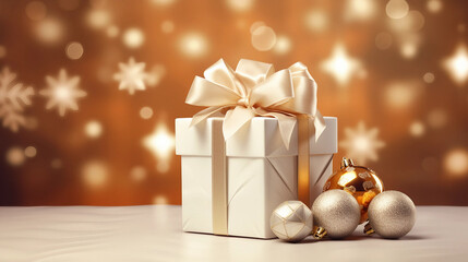 Obraz na płótnie Canvas christmas white decent gift box with golden ribbon