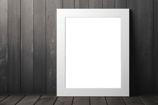 blank picture frame canvas on desk in loft room vintage design with clipping path, for use as mock-up template. black frame on wooden planks background.