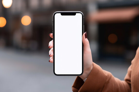 Woman holding smartphone with blank screen on blurred background. Mockup for design. Closeup photo of female hands holding modern smartphone with blank screen. Mockup ready for text message or content