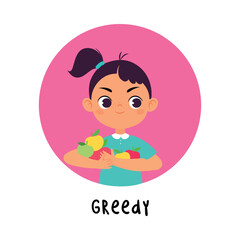 Kid Emotion with Greedy Girl Character in Round Shape Show Face Expression Vector Illustration