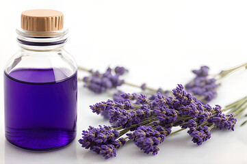 A jar of lavender oil and lavender flowers close-up on a white background