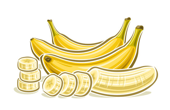 Vector logo for Banana, decorative horizontal poster with outline illustration of 3 whole and sliced bananas composition, cartoon design fruity print with chopped banana parts on white background