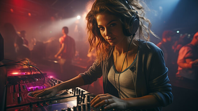 utilising audio devices to play music and make modern remixes in stereo, a woman artist mixes sounds at a club party utilising DJ turntables. Playing around with disco apparatus .