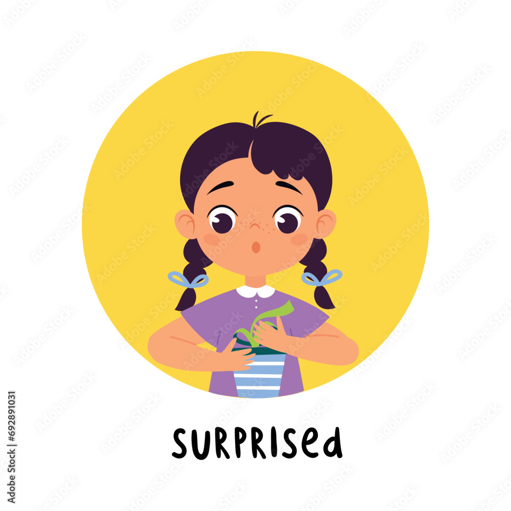 Poster kid emotion with surprised girl character with gift box in round shape show face expression vector i