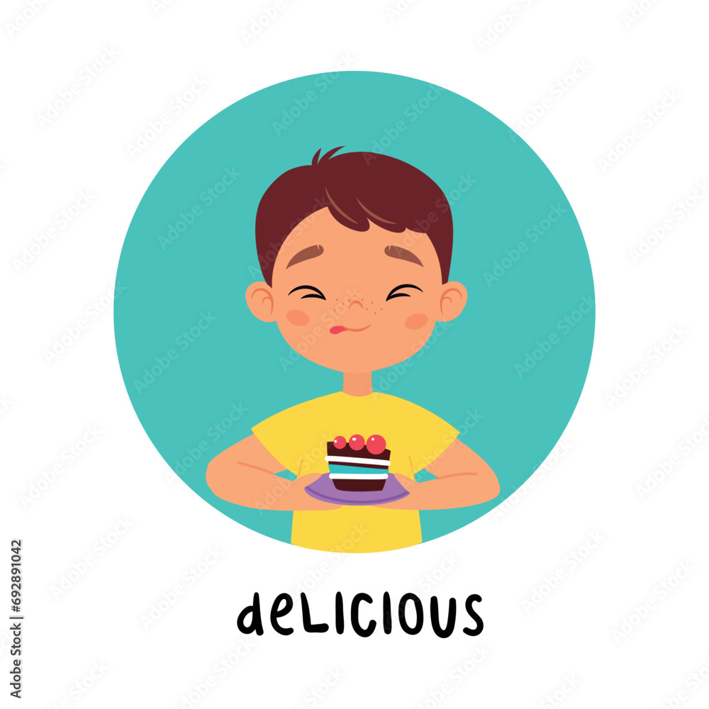 Poster kid emotion with happy boy character with delicious cake in round shape show face expression vector 