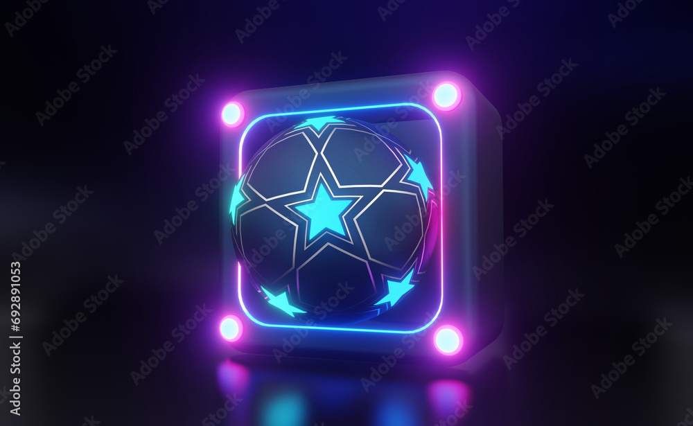 Poster shining neon soccer ball with clipping path for isolated on dark background