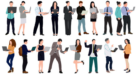 Business people working at laptop. Different men and women wearing smart casual, formal office outfits standing, looking at computer. Vector realistic illustration isolated on white background. 