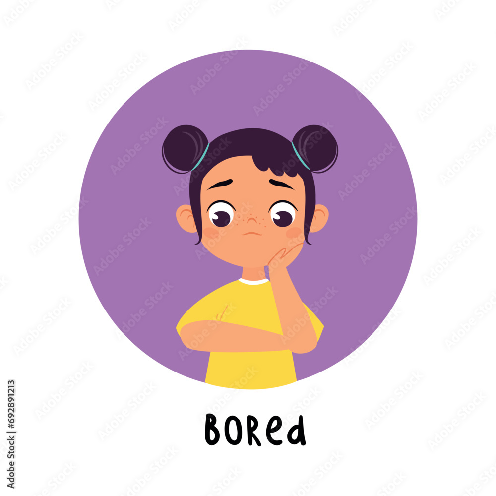 Poster kid emotion with bored girl character in round shape show face expression vector illustration