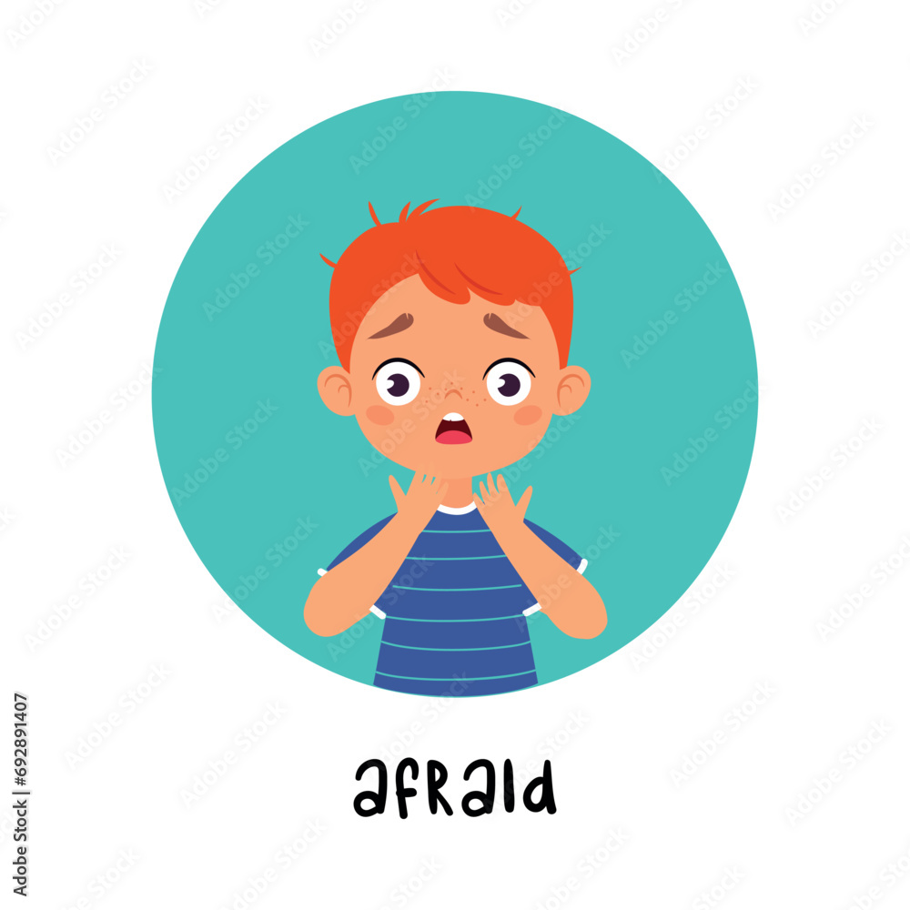 Poster kid emotion with afraid boy character in round shape show face expression vector illustration