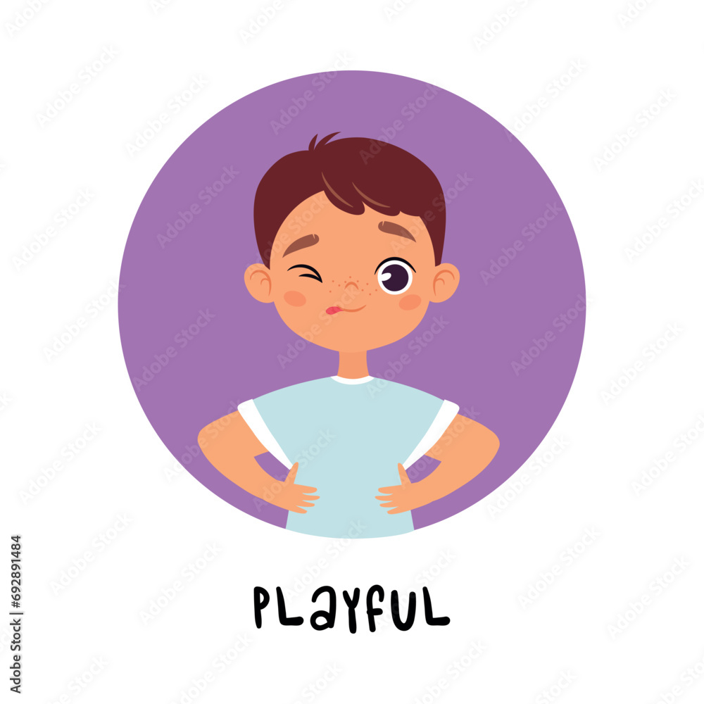 Poster kid emotion with playful boy character in round shape show face expression vector illustration