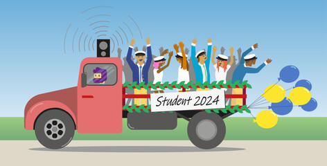 Young students celebrating graduation "Studenten". End of the studies at Gymnasium. Traditional ride, dancing and screaming in the back of a truck bed. Vector Illustration