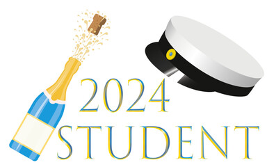 Student 2024.Traditional Swedish graduation cap and a bottle of sparkling champagne with a cork popping out.
