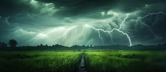 Green meadow thunderstorm with lightning. - obrazy, fototapety, plakaty
