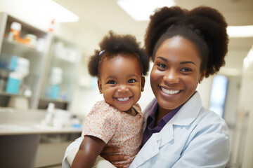 A compassionate nurse administering a vaccination to a smiling child in a bright and welcoming pediatrician's office.