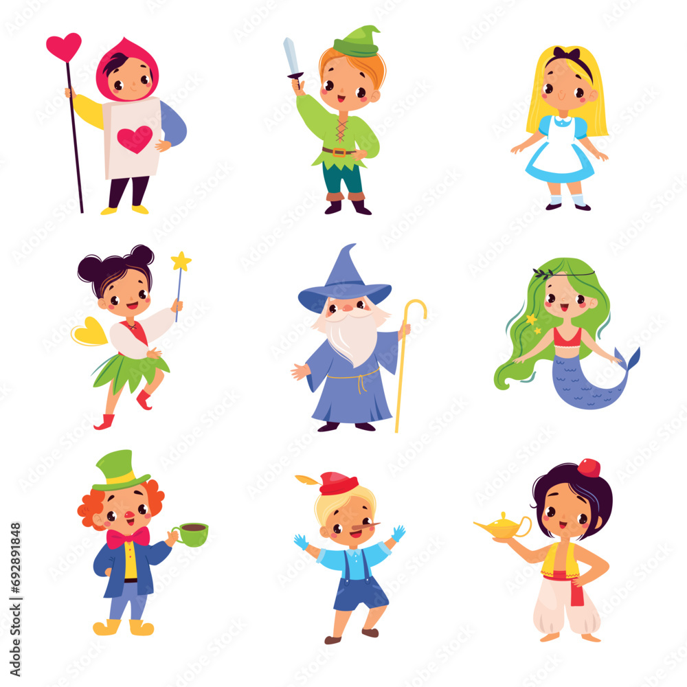 Wall mural Fairy Tales Character with Boy and Girl Pinocchio, Wizard, Mermaid, Clown and Pixie Vector Set