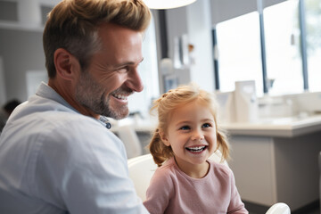 A dentist showing a patient the proper way to brush teeth in a bright and educational dental office.