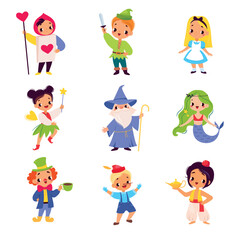 Fototapeta premium Fairy Tales Character with Boy and Girl Pinocchio, Wizard, Mermaid, Clown and Pixie Vector Set