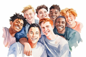 Group, diverse men and watercolour portrait illustration on a white background for human rights protest, awareness and activist. Happy, beautiful and colourful sketch for creative poster art design
