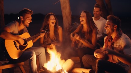 A group of young people have fun sitting by the fire on the beach at night, playing guitar and...