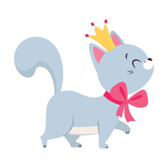 Grey Cat Walking with Golden Crown and Ribbon Bow as Fairy Tale Character Vector Illustration
