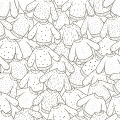 Vector seamless pattern with winter clothing elements. Hand drawn sketches of fluffy and cozy sweaters on a white background. A funny unusual pattern is suitable for banners and holiday packaging.