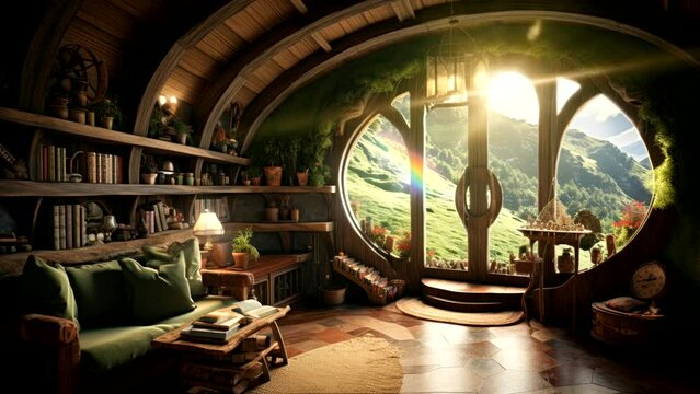 A interior home of scenery of Hobbit village. video looping animation generative AI