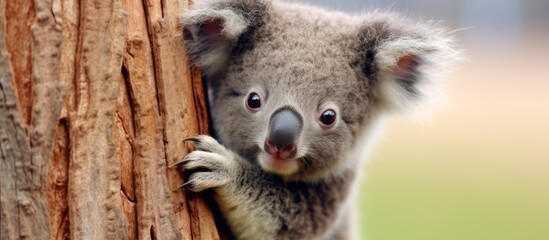 Koala clinging to a tree trunk.