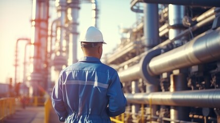 Male worker stands inspection at long steel pipe and pipe elbow in gas station factory between refinery valves of oil pipeline recording inspection and gas industry. - obrazy, fototapety, plakaty