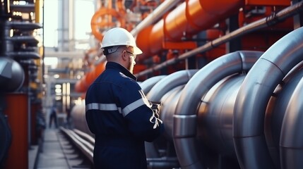 Male worker stands inspection at long steel pipe and pipe elbow in gas station factory between refinery valves of oil pipeline recording inspection and gas industry. - obrazy, fototapety, plakaty