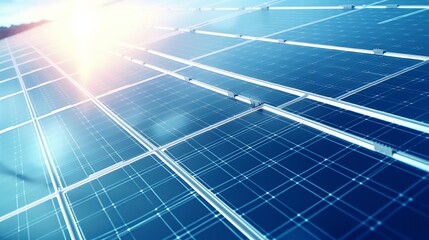 Renewable Energy: Aerial Shot of Blue Photovoltaic Solar Panels on Industrial Roof Generating Clean Electricity - Eco-Friendly Power Concept"