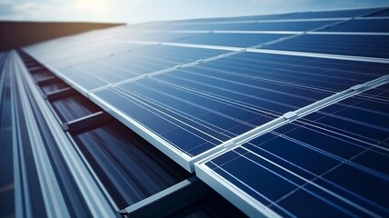 Renewable Energy: Aerial Shot of Blue Photovoltaic Solar Panels on Industrial Roof Generating Clean Electricity - Eco-Friendly Power Concept"