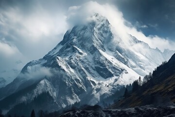 Fototapeta na wymiar Majestic mountain peak surrounded by clouds, awe-inspiring alpine landscape