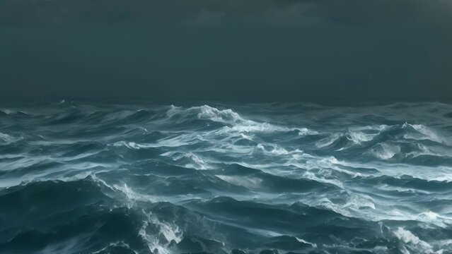 Cinemagraph of sea with waves moving in slow motion and dark stormy sky