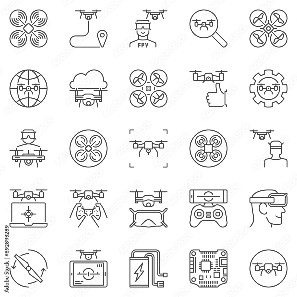 Poster fpv drone outline icons set - quadcopter gadget linear symbols copter vector signs