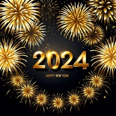 Happy New Year 2024 and various colors of fireworks.