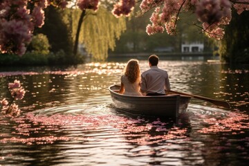 Romantic boat ride with a couple rowing through a serene lake surrounded by blooming flowers, idyllic love story