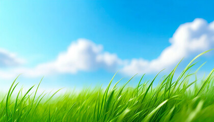 Green grass against blue sky and clouds, spring, summer, sunny days ahead; selective focus
