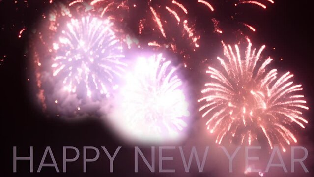 Cinemagraph of happy new year text in white over white and golden fireworks exploding in night sky
