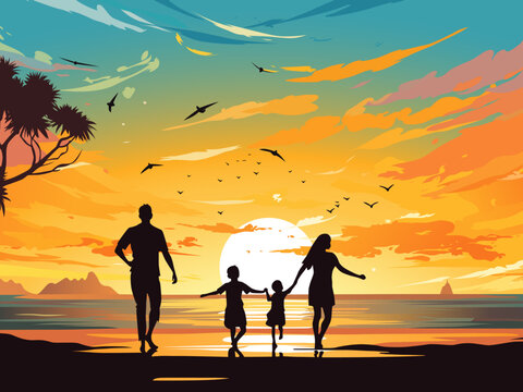 happy family jumping together on the beach holiday vacation travel vector illustration