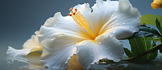 Soft focused macro shot of a lovely white Hibiscus with delicate petals and a yellow pistil. - obrazy, fototapety, plakaty