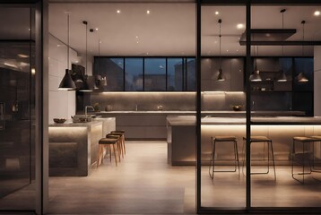 Modern house interior. Kitchen behind glass partitions. Night. Evening lighting. 3D rendering.