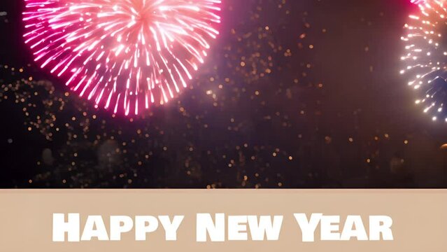 Cinemagraph of happy new year text in white on brown band over pink fireworks exploding in night sky
