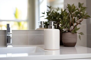 Fototapeta premium Soap dispenser with shampoo and towel on defocused bathroom background