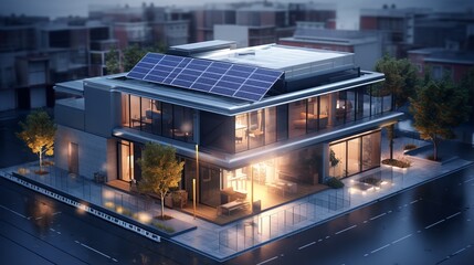 Obraz premium Modern Sustainable Living: Apartment with Flat Roof and Solar System for Clean Energy Generation - Eco-Friendly Architecture Concept