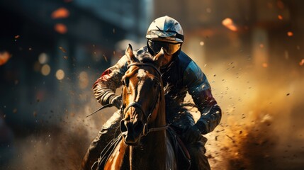 Jockey champion on racing horse on hippodrome - obrazy, fototapety, plakaty